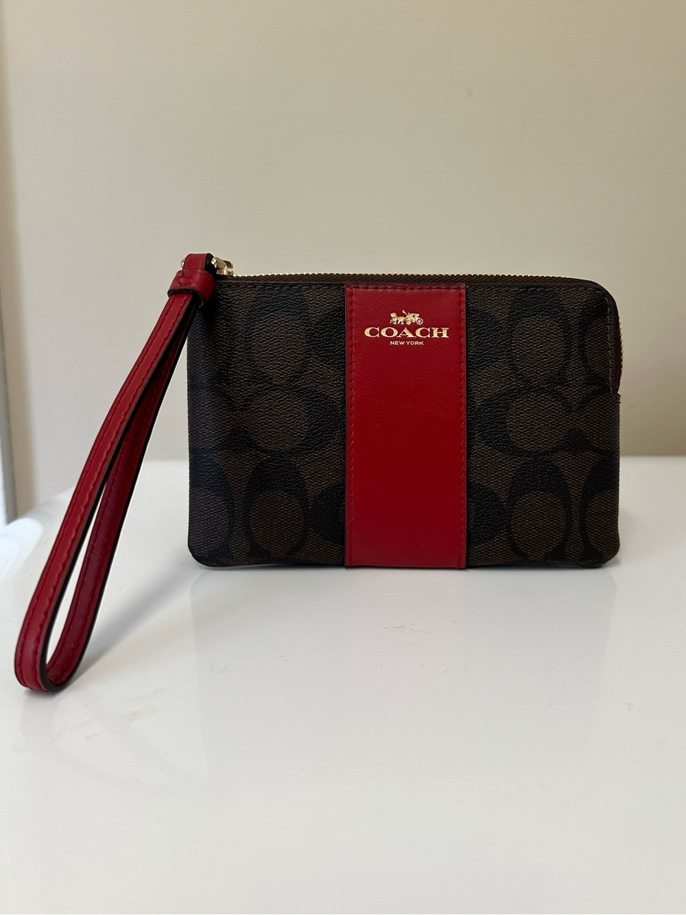 Coach Corner Zip Wristlet with Red Leather Stripe